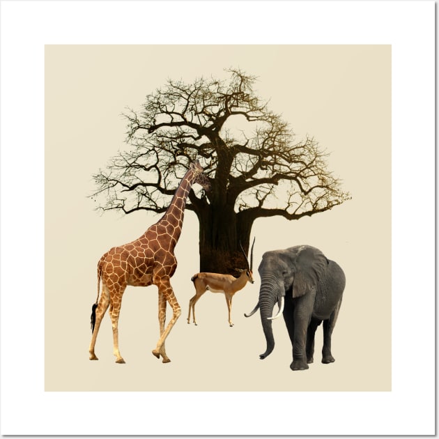 Baobab Tree - Giraffe - Impala - Elephant in Africa Wall Art by T-SHIRTS UND MEHR